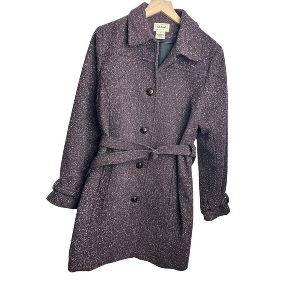 LL Bean Marled Wool Blend Purple Belted Peacoat Womens Sz Medium Leather Buttons - Picture 1 of 8